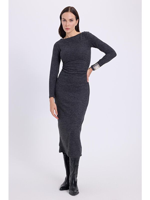 TUDORS Kadın Slim Fit Dar Kesim Bisiklet Yaka Antrasit Elbise