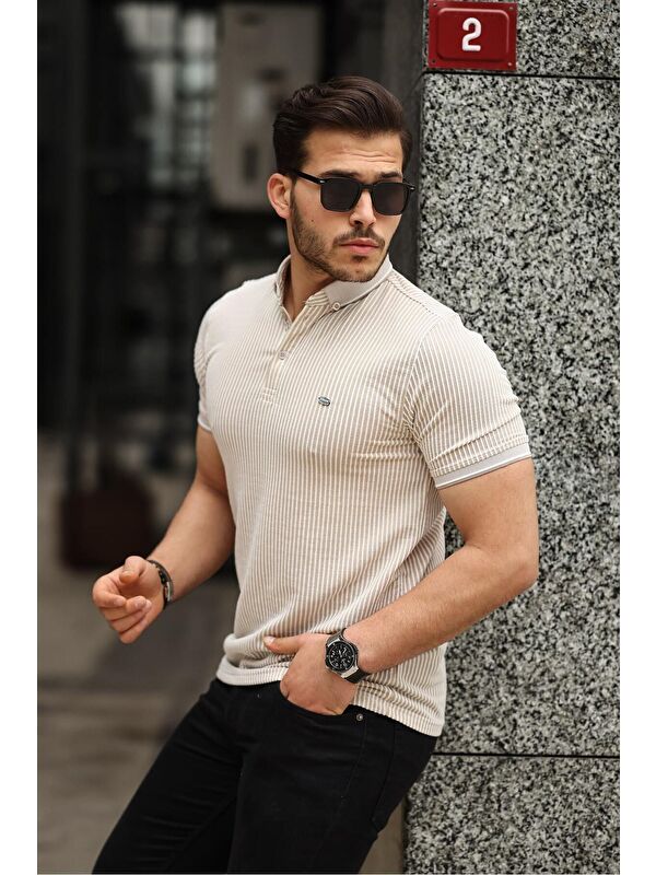 Comstar Erkek Kıvrılmaz Polo Yaka Slim Fit Çizgili T-Shirt
