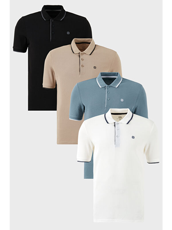 Buratti Pamuklu Slim Fit Şerit Detaylı Düğmeli Polo Yaka 4'lü Paket %100 Pamuk Tişört 5902118S4