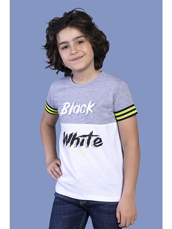 Toontoykids Erkek Çocuk Kolları Şerit Detaylı İki Renkli Baskılı Tişört