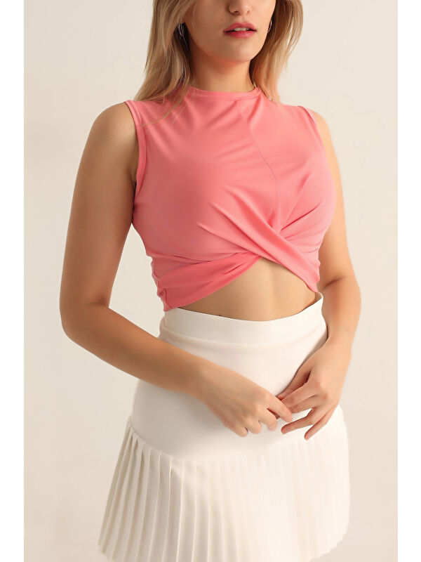 Hazelin Kadın Pembe Önü Düğümlü Bisiklet Yaka Sıfır Kol Elastanlı Crop Bluz HZL23S-SND120181