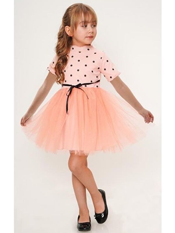 Mnk Baby & Kids Kısa Kol Kız Puantiyeli Tütülü Günlük Elbise MNK0504