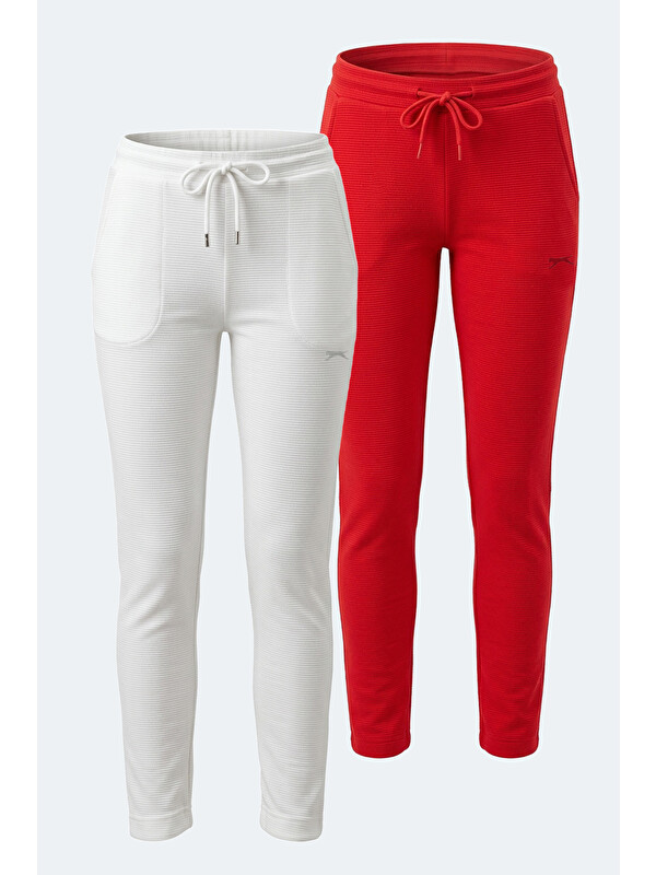 SLAZENGER POLL 2 Lİ SET Kadın Cepli Slim Fit Bej - Kırmızı Eşofman Altı