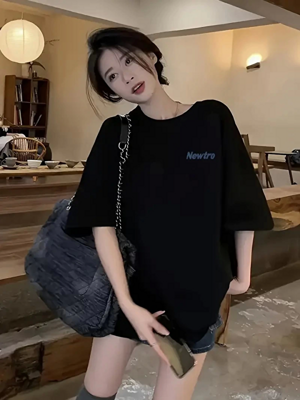 Jane's Baskılı Oversize Bisiklet Yaka T-shirt - Siyah