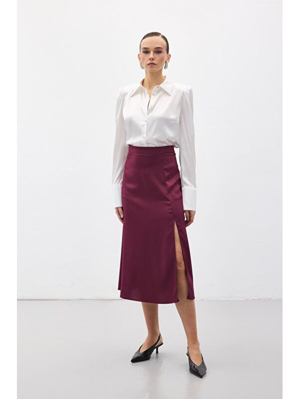 SATEEN Yırtmaçlı Saten Etek - Mürdüm
