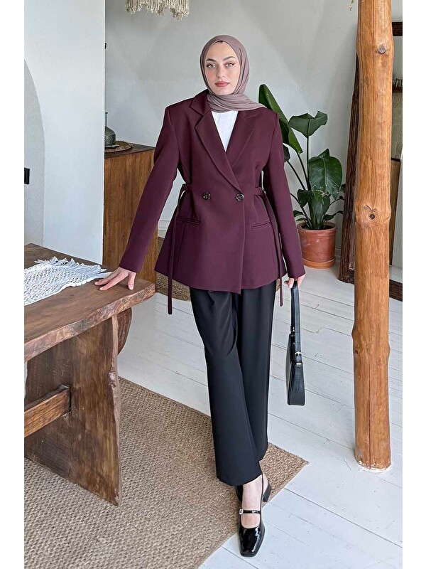 Lamelif Yandan Bağlamalı Ceket Bordo