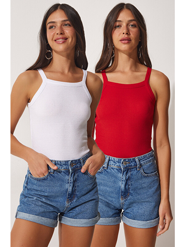 Happiness İstanbul 2'li Fitilli Crop Halter Yaka Örme Atlet KIRMIZI BEYAZ LZV0003
