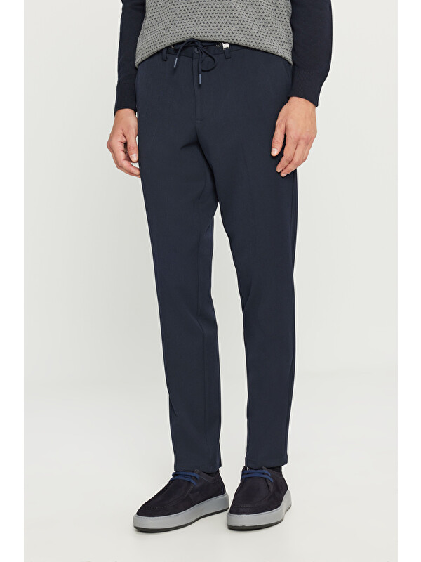 Altınyıldız Classics Erkek Lacivert Slim Fit Dar Kesim Beli Bağlamalı Yan Cepli Casual Esnek Pantolon