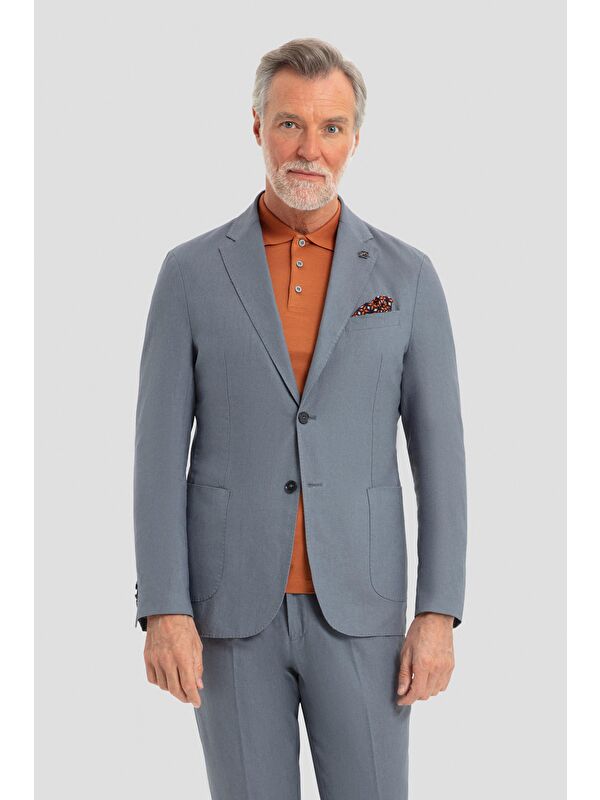 Sabri Özel Erkek Gri Slim Fit %100 Keten Mono Yaka Lastikli Bel Takım Elbise