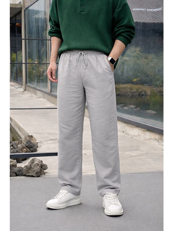 Comstar Erkek Lastikli Trend Basic Bol Gri Keten Pantolon