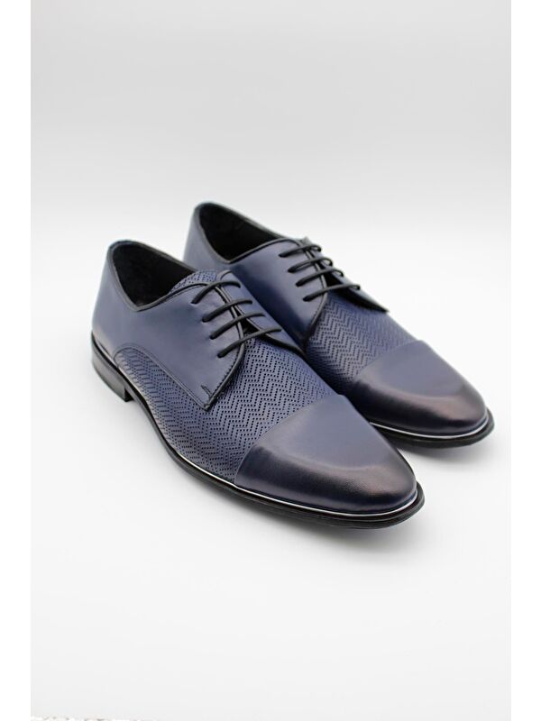 Koyu Lacivert Hakiki Deri Analin Neolit Taban Bağcıklı Klasik Ayakkabı 1033235109 - Görsel 4