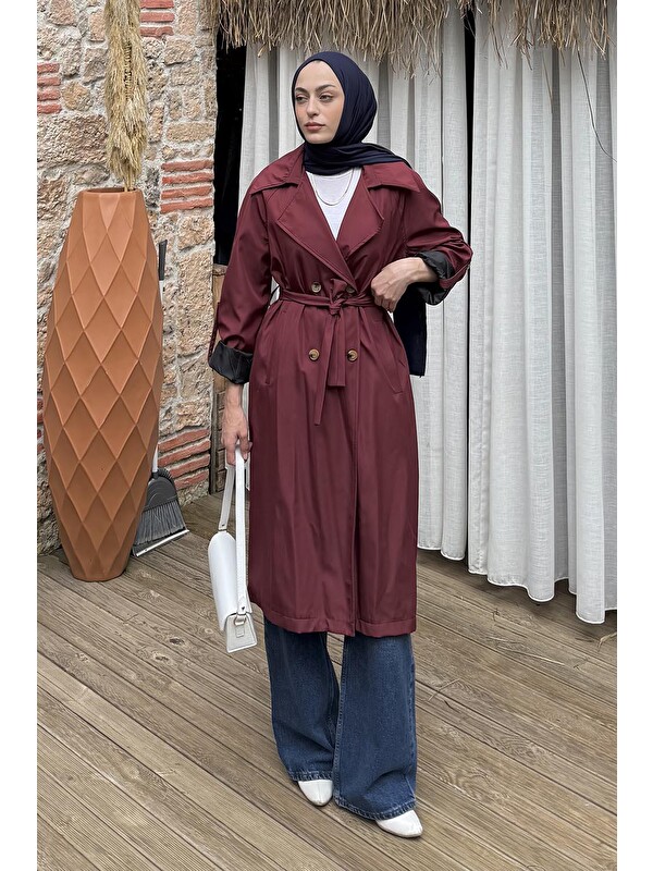 Lamelif Kolu Katlamalı Trenç Bordo