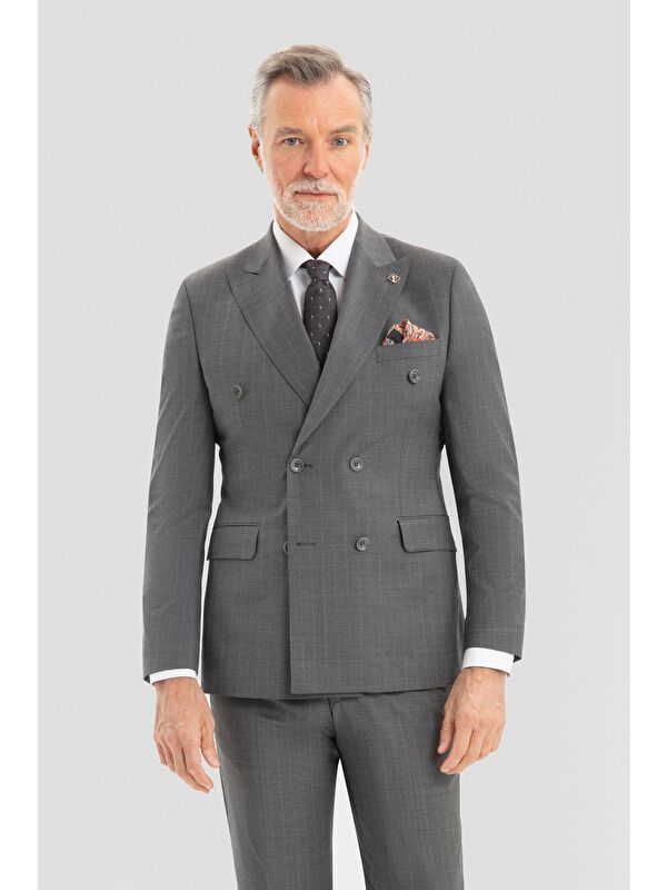 Sabri Özel Erkek Antrasit Slim Fit Sivri Yaka Çizgili 6 Drop Tam Astarlı Takım Elbise