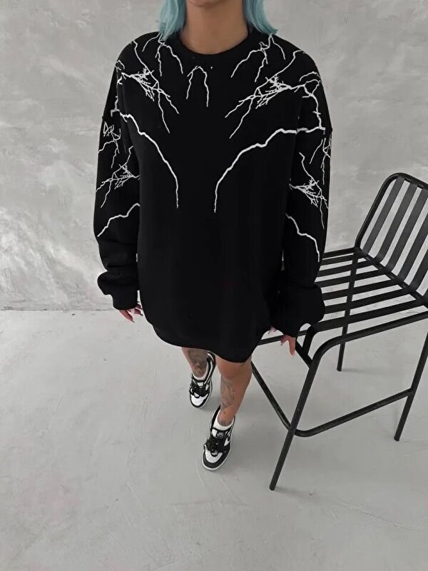 Jane's Yıldırım Baskılı Bisiklet Yaka SweatShirt - Siyah
