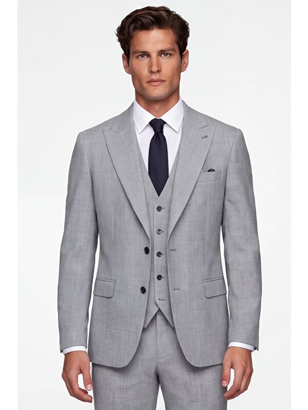 Sabri Özel Giotelli Erkek Gri Dar Kesim Slim Fit Viskon 6 Drop Yelekli Takım Elbise