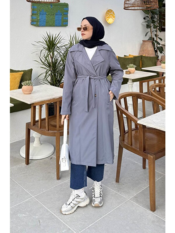 Lamelif Kolu Katlamalı Trenç Antrasit