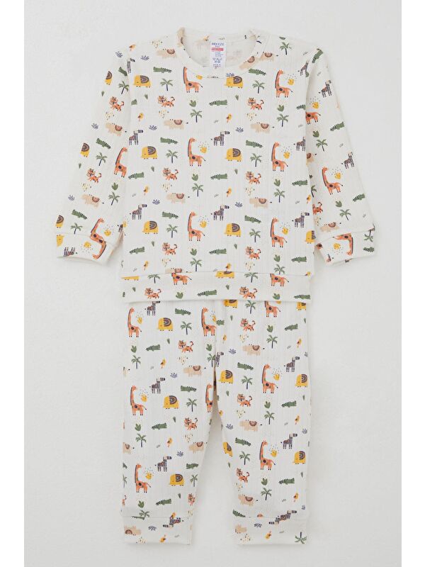 Breeze Erkek Bebek Pijama Takımı Omuzdan Patlı Bebek Hayvanat Bahçesi Ekru (4-9 Ay)