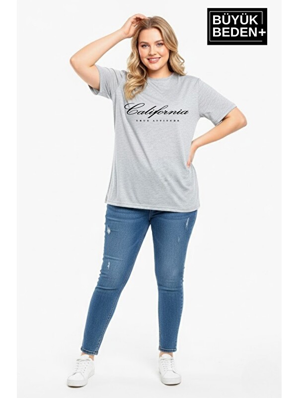 Süperlife Kadın Büyük Beden El Yazılı California Baskılı 3xl-6xl Bisiklet Yaka Tshırt SPR25BTSK510-7