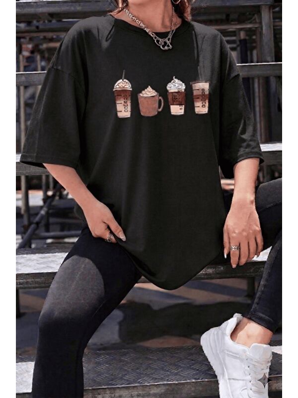 Oksit Coffee Lover Baskılı Unisex Oversize T-Shirt - Büyük Beden Seçenekli