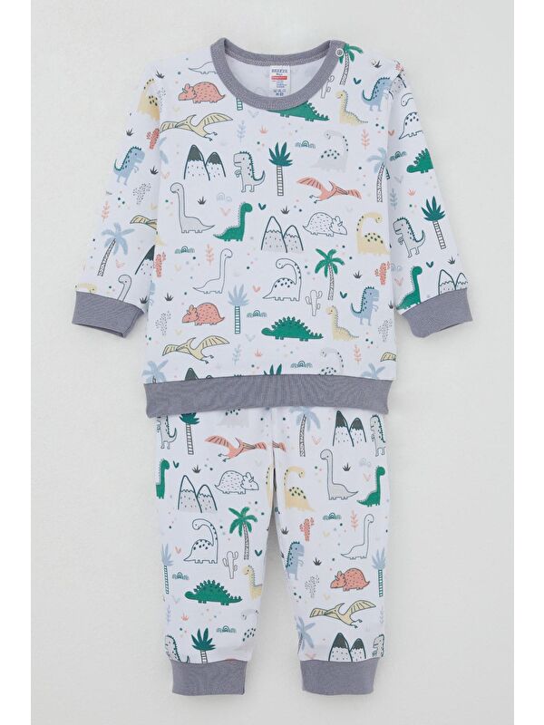 Breeze Erkek Bebek Pijama Takımı Omuzdan Patlı Sevimli Dinozorlar Desenli Beyaz (4-9 Ay)