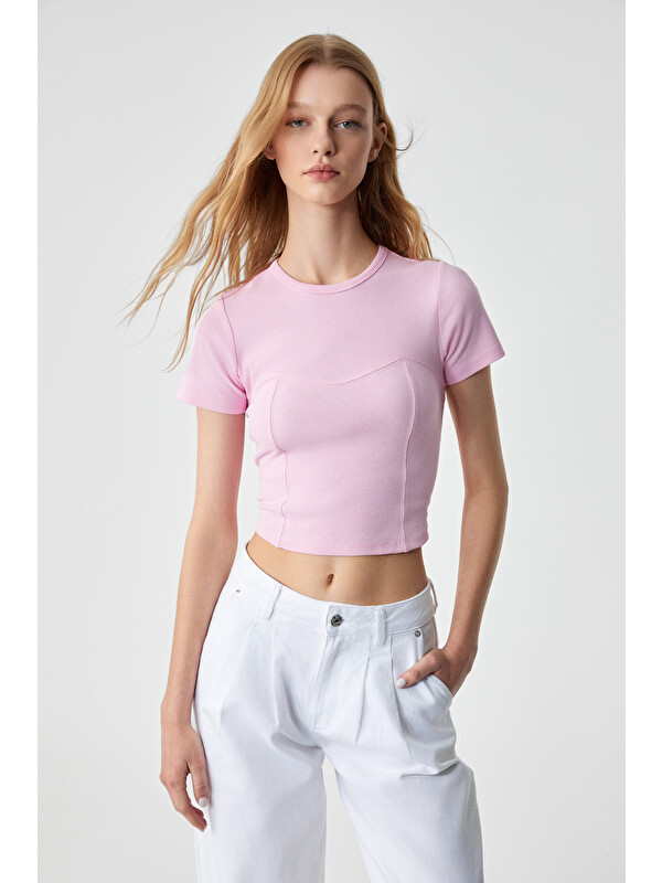 ETHIQUET CERAEN Kadın Slim Kısa Kol Bisiklet Yaka PEMBE T-Shirt