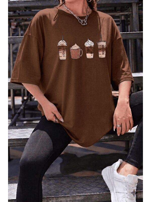 Oksit Coffee Lover Baskılı Unisex Oversize T-Shirt - Büyük Beden Seçenekli