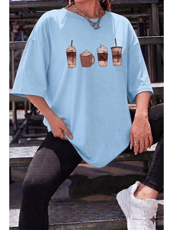 Oksit Coffee Lover Baskılı Unisex Oversize T-Shirt - Büyük Beden Seçenekli