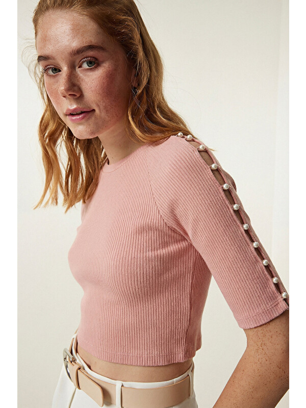 Happiness İstanbul İnci Detaylı Crop Örme Bluz ??? PEMBE LEX0007