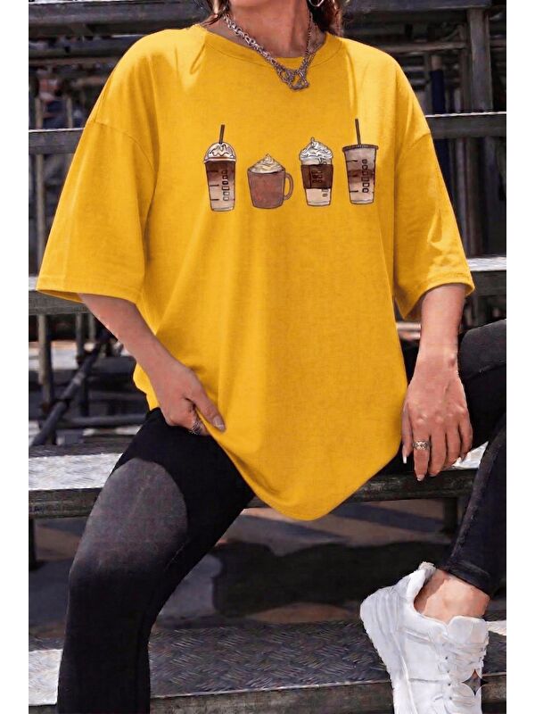 Oksit Coffee Lover Baskılı Unisex Oversize T-Shirt - Büyük Beden Seçenekli