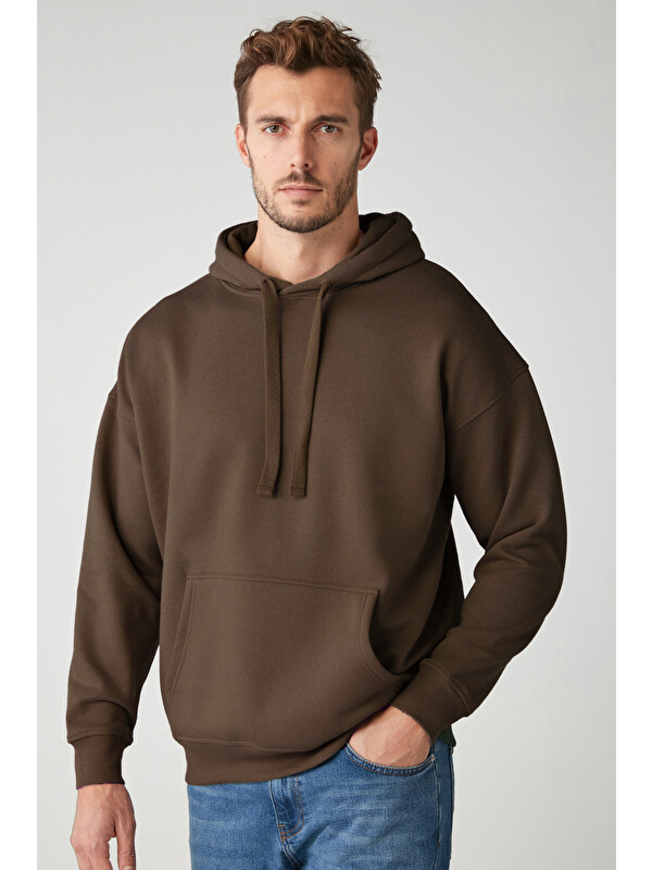 GRIMELANGE STEVE Erkek Yumusaçık Kumaşlı Kordonlu Oversize Kapüşonlu Kanguru Cepli KAHVERENGİ Sweatshirt
