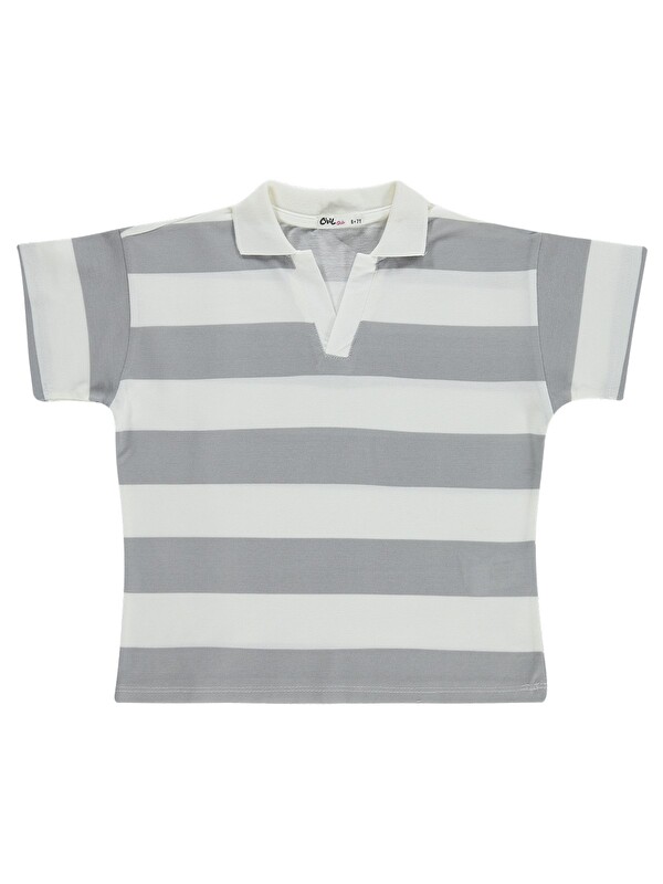 Civil Girls Çizgili Polo Yaka 6-9 Yaş Tişört - Gri