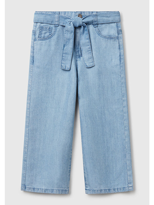 United Colors Of Benetton Kız Çocuk Açık Denim %100 Liyosel Taş Yıkama Kuşaklı Wide Leg Denim Pantolon
