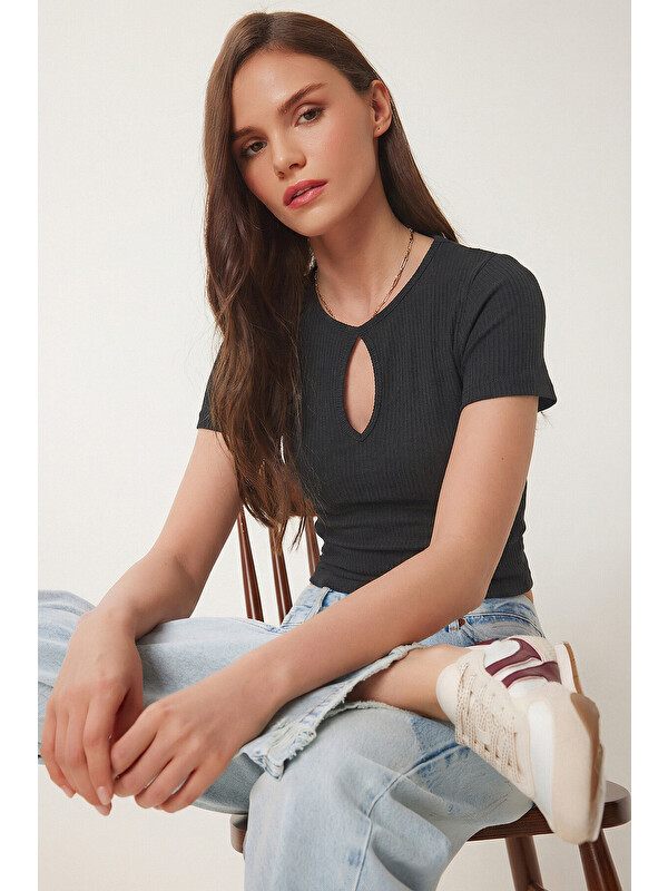 Happiness İstanbul Cut Out Detaylı Crop Fitilli Örme Bluz ANTRASİT LEX0008