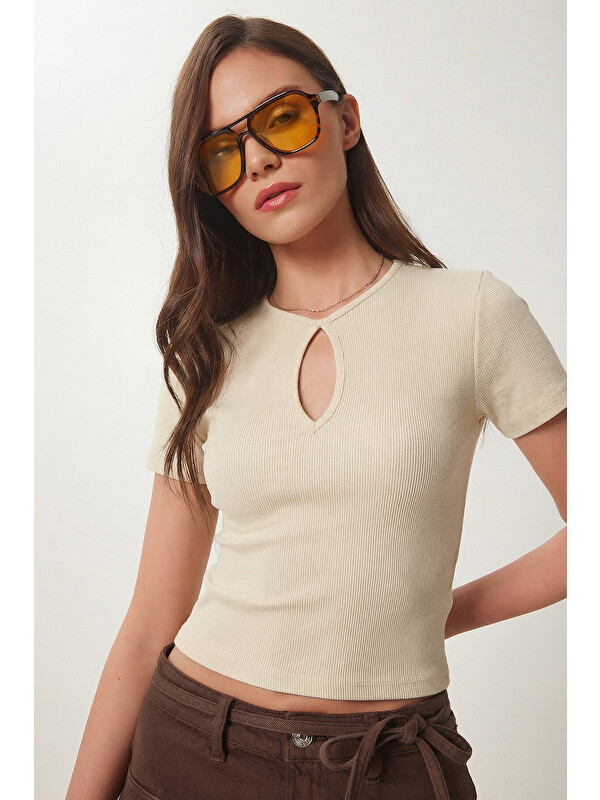 Happiness İstanbul Cut Out Detaylı Crop Fitilli Örme Bluz KREM LEX0008