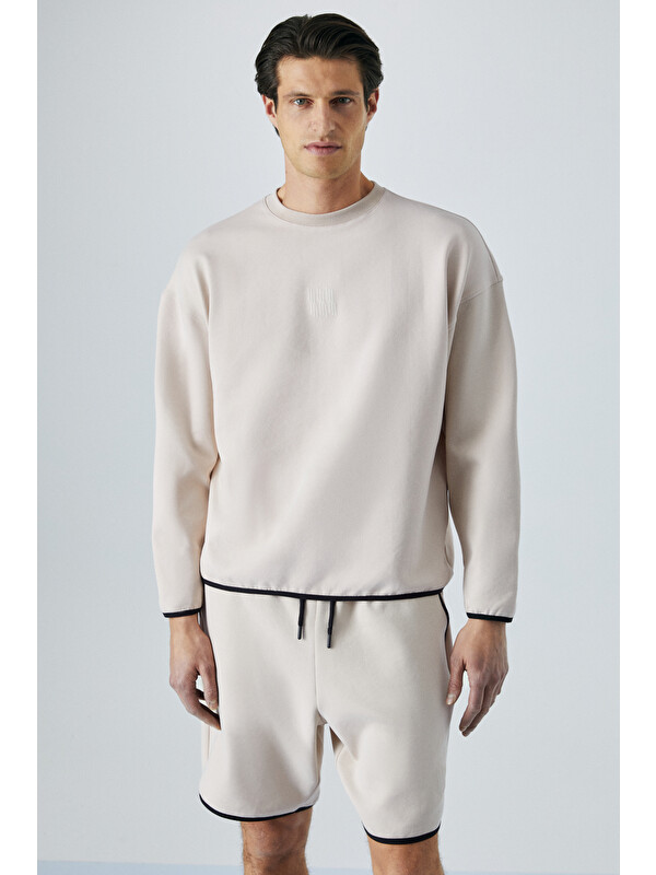 GRIMELANGE PLEMON Erkek Bisiklet Yaka Uzun Kol Baskı Detaylı Oversize TAŞ Sweatshirt