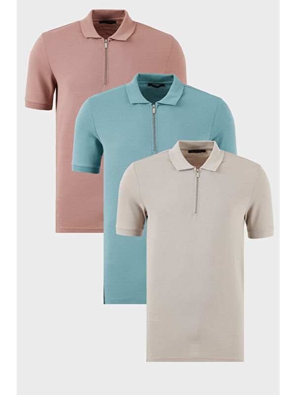 Buratti Pamuklu Regular Fit Yarım Fermuarlı 3'lü Paket Polo Yaka %100 Pamuk Tişört 5902915S3