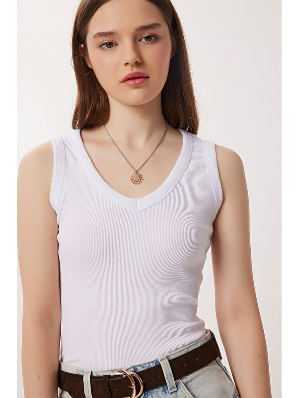 Happiness İstanbul V Yaka Basic Fitilli Örme Bluz BEYAZ LRN0029