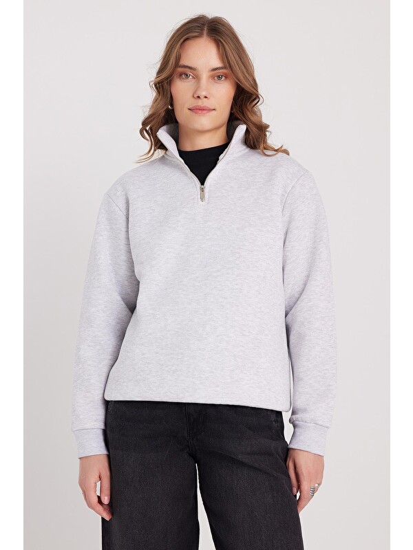 TUDORS Kadın Relax Fit Rahat Kesim Pamuklu İçi Polarlı Yarım Fermuarlı Gri Dik Yaka Sweatshirt
