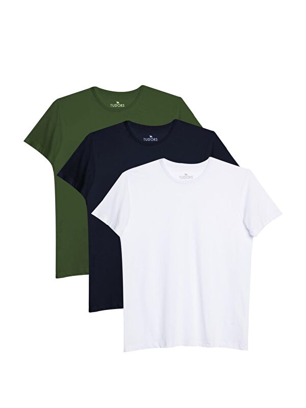 TUDORS Unisex 3'Lü Paket Lacivert-Beyaz-Haki Rengi Slim Fit Dar Kesim %100 Pamuk Bisiklet Yaka Tişört