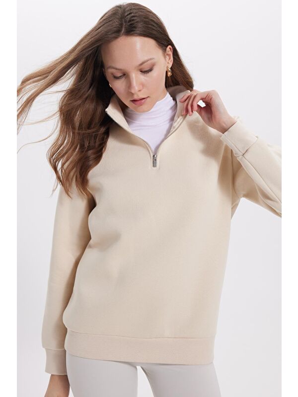 TUDORS Kadın Relax Fit Rahat Kesim Pamuklu İçi Polarlı Yarım Fermuarlı Ekru Dik Yaka Sweatshirt