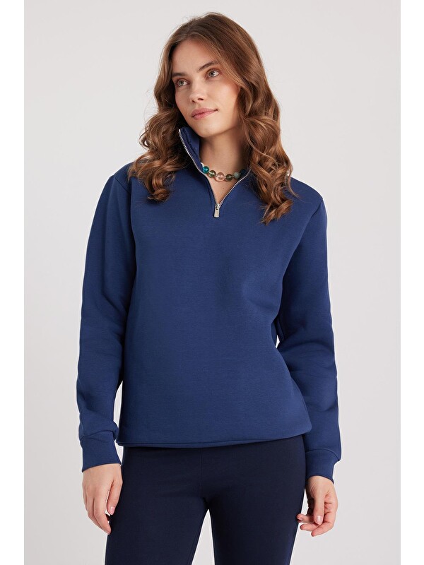 TUDORS Kadın Relax Fit Rahat Kesim Pamuklu İçi Polarlı Yarım Fermuarlı Lacivert Dik Yaka Sweatshirt