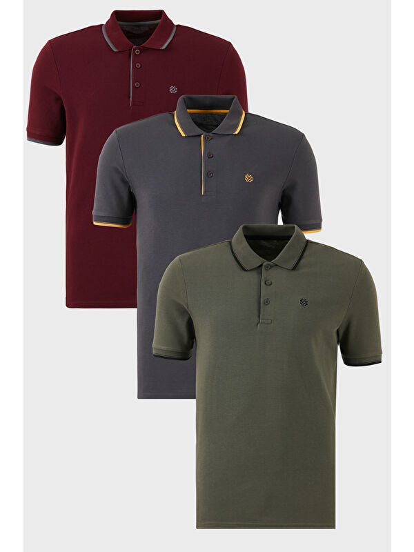 Buratti Pamuklu Slim Fit Şerit Detaylı Düğmeli Polo Yaka 3'lü Paket %100 Pamuk Tişört 5902118S3