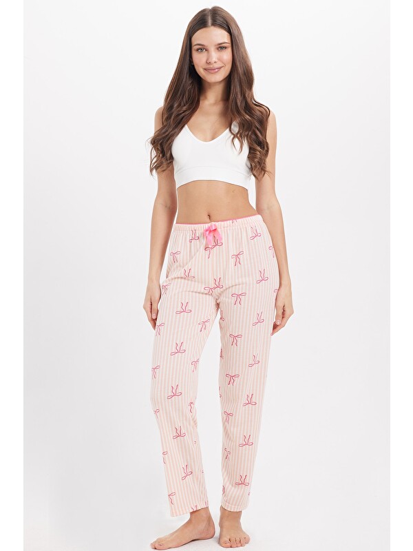 TUDORS Kadın Regular Fit Klasik Kesim Viskon Beli Lastikli Fiyonk Detaylı Baskılı Turuncu Pijama Altı