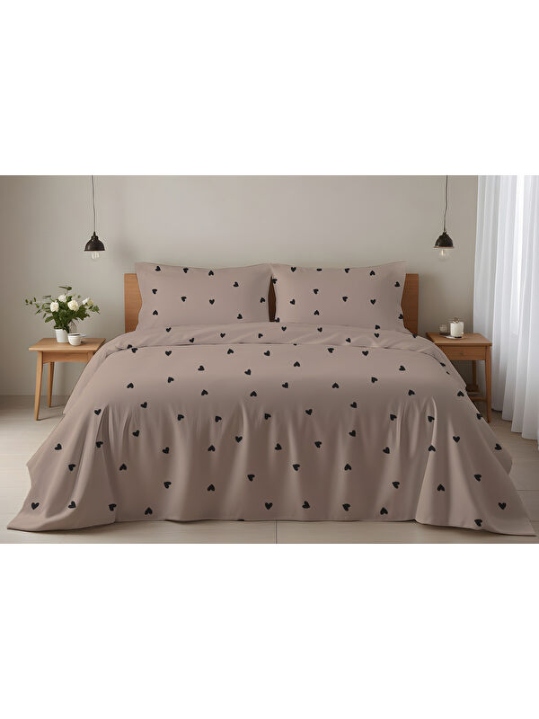 Evmila Kalp Desenli Çift Kişilik Pamuklu Nevresim Takımı 200x220 cm Çift Taraf Baskılı