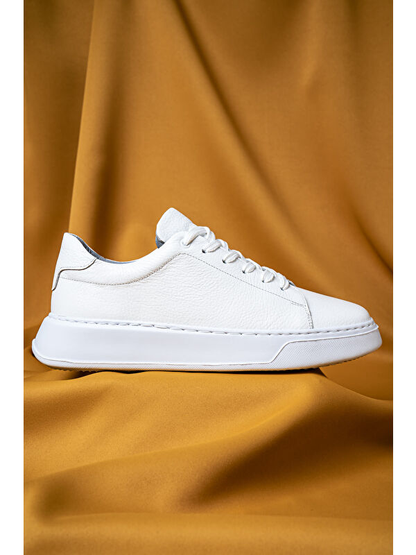 Beyaz Casual Bağcıklı Deri Sneakers - Görsel 2