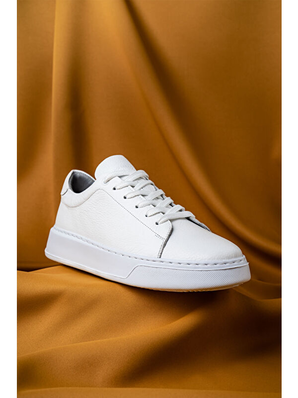 Beyaz Casual Bağcıklı Deri Sneakers - Görsel 3