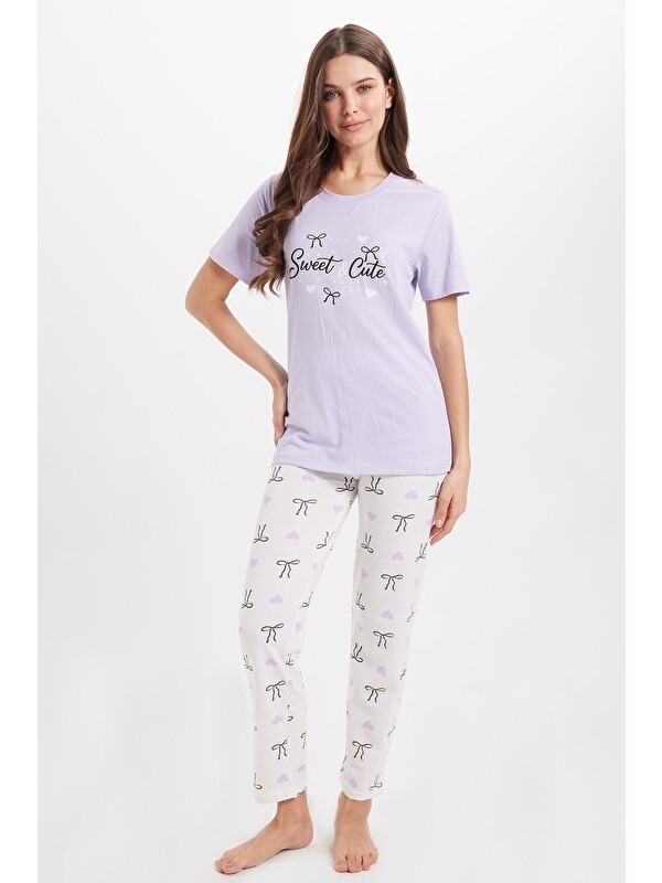 TUDORS Kadın Regular Fit Klasik Kesim %100 Pamuk Bisiklet Yaka Kısa Kollu Baskılı Lila Pijama Takımı