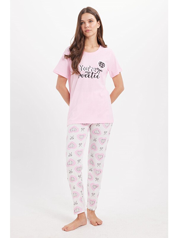 TUDORS Kadın Regular Fit Klasik Kesim %100 Pamuk Bisiklet Yaka Kısa Kollu Baskılı Pembe Pijama Takımı