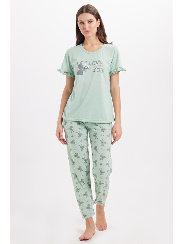 TUDORS Kadın Regular Fit Klasik Kesim %100 Pamuk Fırfır Detaylı Kısa Kollu Baskılı Mint Pijama Takımı