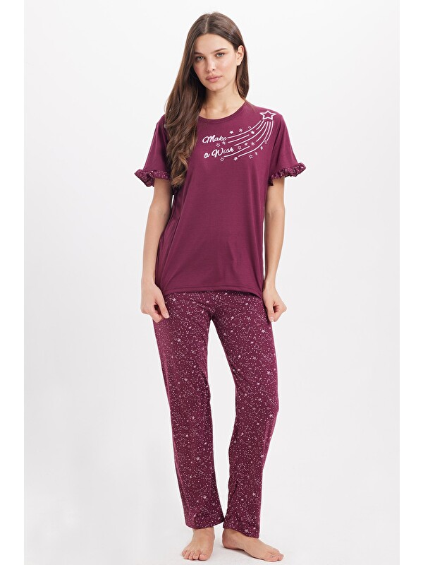 TUDORS Kadın Regular Fit Klasik Kesim %100 Pamuk Fırfır Detaylı Kısa Kollu Baskılı Mürdüm Pijama Takımı